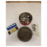 Antique Buttons & Thermometer in Red Tin