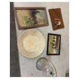 Vintage prints, bowl, & leather photo album