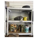 Plastic shelving unit with contents