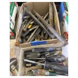Box of punches and nut drivers and saw and other