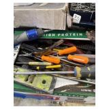 Box of screwdrivers, bits, level and other