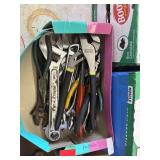 Box of assorted tools, pliers , crescent wrenches