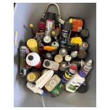 Tub of miscellaneous sprays and paints