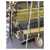 Assortment of tools, shovel, spade, hoe, pick and