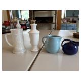 Vintage ceramic pitchers and milk glass cup &