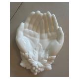 Vintage White Milk Glass Open Hands Grape Leaf