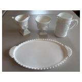 Vintage milk glass dresser tray with pitcher and