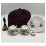 Tea Set, Brass Bell, and Hexagonal Trinket Box
