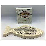 Collectible Fish-Shaped Cribbage Board and Tin Box