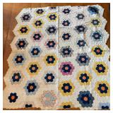 Large Antique Hand-Stitched Hexagon Flower Quilt 