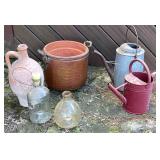 2 Metal Watering Cans, Bronze Pot & 3 Jugs