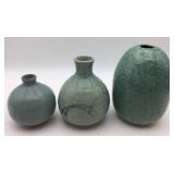 3 Japanese Ceramic Vases in Green Tones