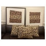 Two Vintage African Kuba Cloths with 3 Pillows