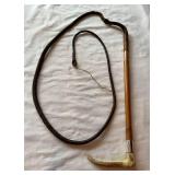 Antique Leather Horse Whip with Carved Antler Hand