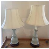 Two Pale Blue Ceramic Lamps with Roseart Lampshade