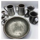 Pewter Mugs, Bowl & Candle Holders