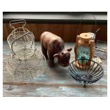 Wooden Bull Figure, Ball Electric Lantern & Metal