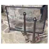 Antique Fireplace Screen & Wrought Iron Andirons