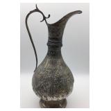 Large Tin Pitcher with Etched Ornamentation