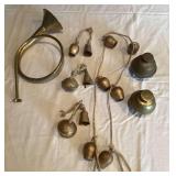 Vintage Brass Hunting Horn & Brass Cow Bells