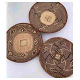 Three Handwoven Reed Discs, 15 ins. & 13-1/2 ins.
