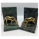 Brass & Green Marble Horse Bookends 5 x 4-1/2 x 7
