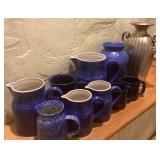 8 Navy Blue Pitchers & 2 Vases in Blue & Silver To