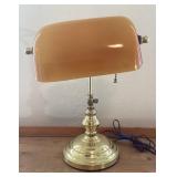 Vintage Brass Bankers Lamp with Amber Glass Shade