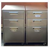 2 Gray Metal 3-Drawer Wheeled Filing Cabinets