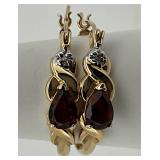 14K Yellow Gold Garnet & Diamond Hoop Earrings
