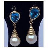 14k Dangle Earrings with Blue Topaz & Pearl