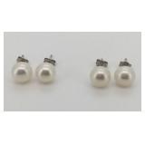 2 Pairs White Pearl Earrings Sterling 925