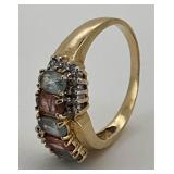 14K Gold Amethyst Aquamarine & Diamond Ring