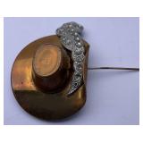 Gold-tone Cowboy Hat Brooch w/ Feather Accent