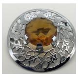 Silver-Tone Mizpah Thistle Brooch w/ Citrine