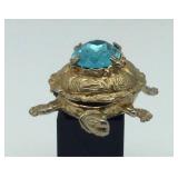 Gold Toned Turtle Box with Blue Jewel