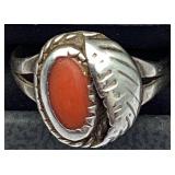 Sterling Silver Ring with Coral Stone, Size 7