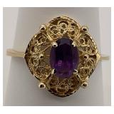 14K Yellow Gold Amethyst Filigree Ring
