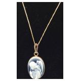 14K Vior Yellow Gold Blue Agate Cameo Pendant