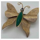 Krementz Brush Gold Tone Butterfly Brooch with Gre