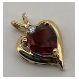 10K Yellow Gold Heart Garnet & CZ Pendant 1.2g