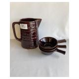 Brown Marcrest Pitcher & 3 Bowls with Handles