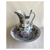 Large Pink Floral Wash Basin & Pitcher