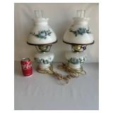 2 Milk Glass Hurricane Lamps with Blue Rose