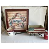 Americana Lot - Picture, Wood Wagon,& Star Planter