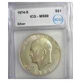 1974-S Silver Ike ICG MS69 LISTS $11500