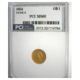 1854 T2 Gold $1 MS62 LISTS $2250