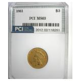 1861 Gold $3 MS63 LISTS $25000