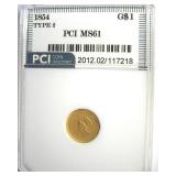 1854 T2 Gold $1 MS61 LISTS $1900