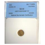 1852 Gilt Token NNC MS64 Liberty-Bear